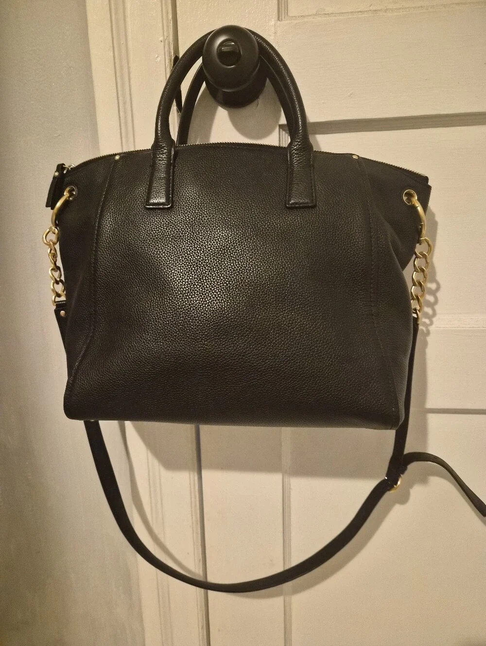 Tory Burch Black Pebbled Leather Satchel with Gold-Tone Logo